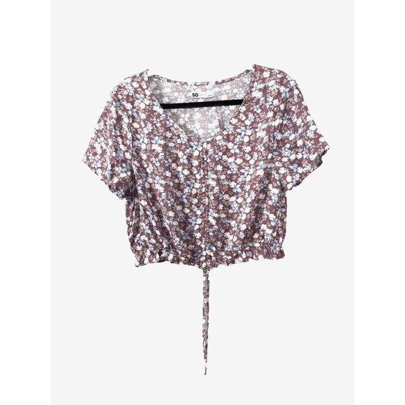 Y2K Floral L Crop Top Cottagecore Coquette Adjustable Ruched Hem Soft Girl Dream - Picture 1 of 8